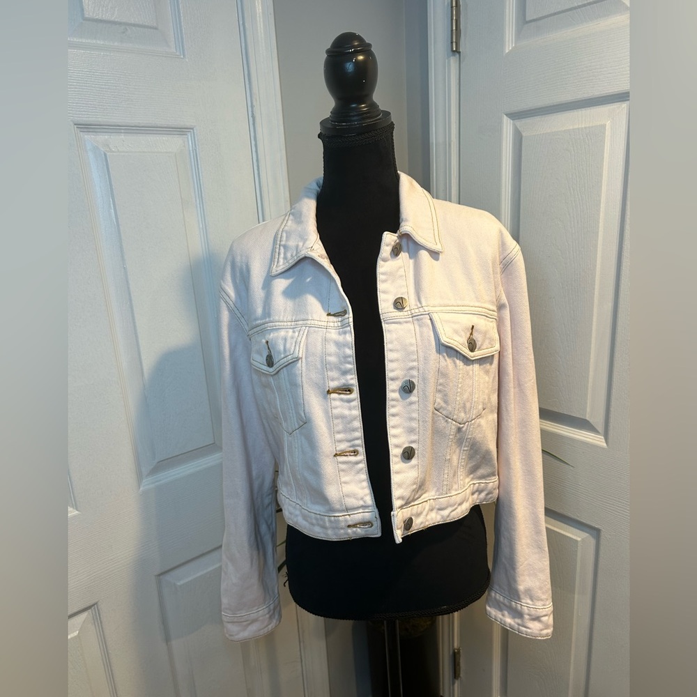 Vigoss Light Pink Denim Jacket Womens Medium Cropped Jean Jacket Brown Stitching